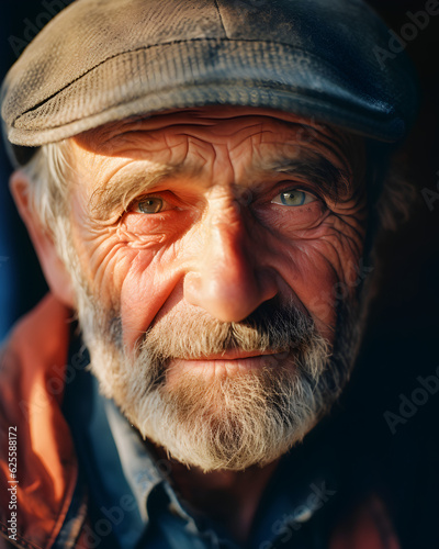 Close up Portrait of old man with blue eyes with beautiful lightning. AI