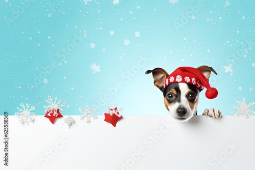 A cute jack russell terrier in a christmas hat peeks out behind an empty white banner for advertising text and snowflakes in the background.