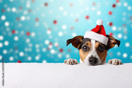 A cute jack russell terrier in a christmas hat peeks behind an empty white snowy banner for advertising text and colorful confetti in the background. © OleksandrZastrozhnov