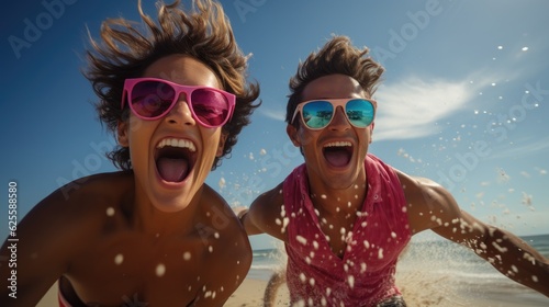 Laughing gay couple having fun at the beach