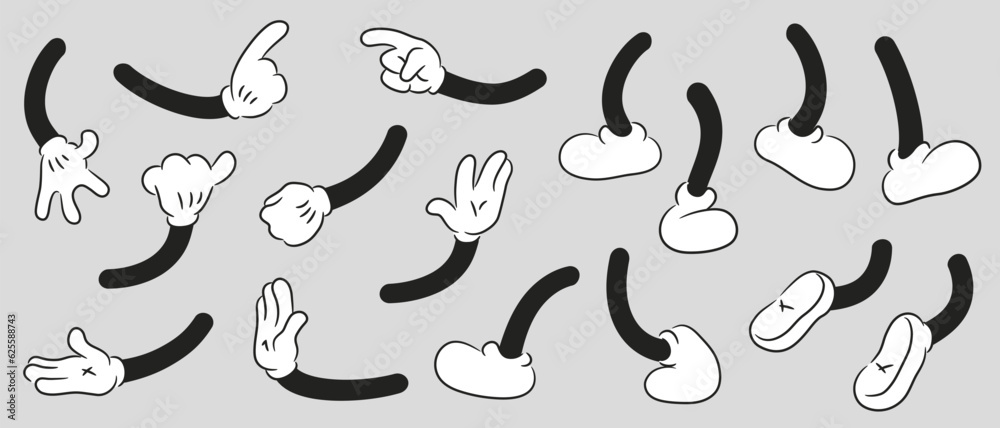 Set of retro cartoon legs, arms gestures and hands poses. Comic funny character foot walking and hands in glove. Animation mascot body parts collection. Vector illustration