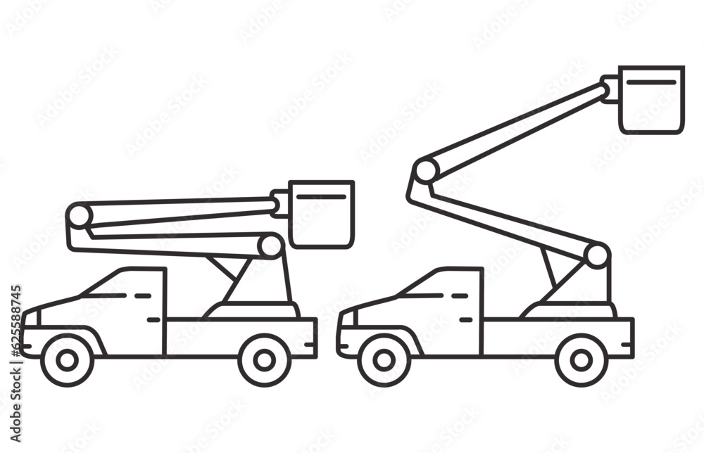 Bucket truck line icon.Bucket boom truck side view.Aerial platform