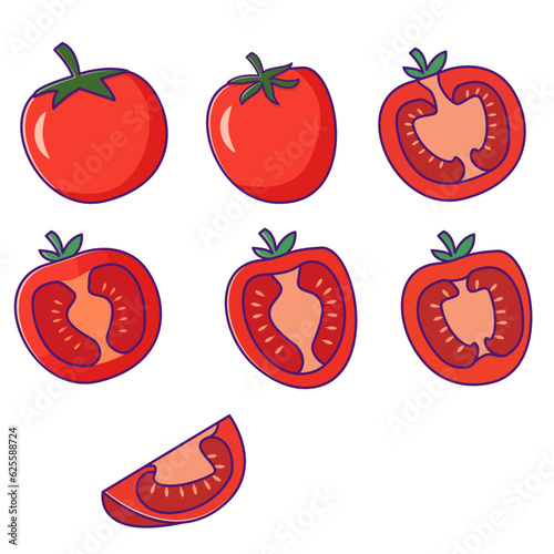 Fresh tomato cartoon.Red tomato collection. Vegetables slice and a whole tomato.Organic food. Farm products.Isolated on white background.Line art vector illustration.