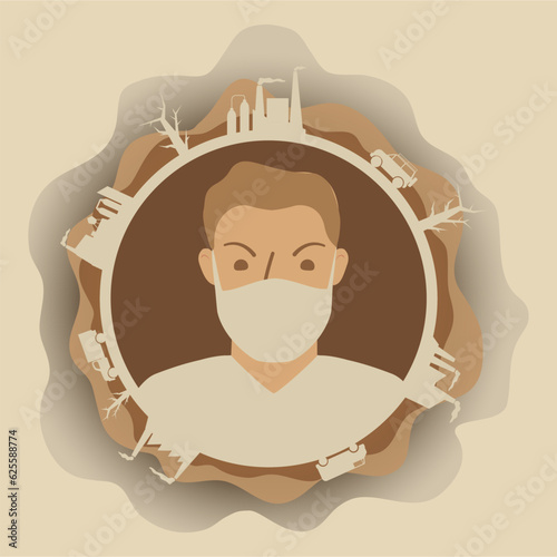 People in protective masks.City and factory smoking chimneys.Sad and unhappy people air pollution.Pollution environmental.A dirty poisoned planet.Vector flat illustration.