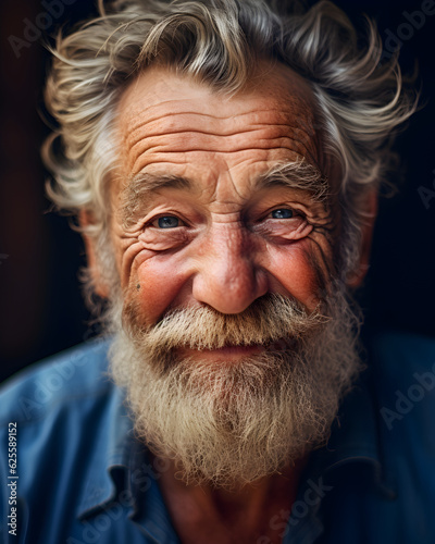 Close up Portrait of old man with blue eyes smiling with beautiful lightning. AI © Soccer mom