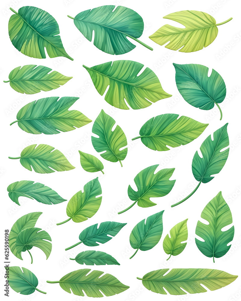 Tropical watercolor leaves on transparent background, generative ai