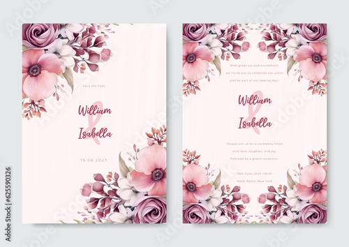 Wedding invitation template with purple rose and peony flower set. Floral decoration flyers postcards vintage style vector illustration design