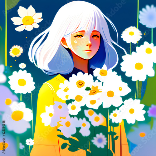 White hair girl with cosmos flower Generative Ai