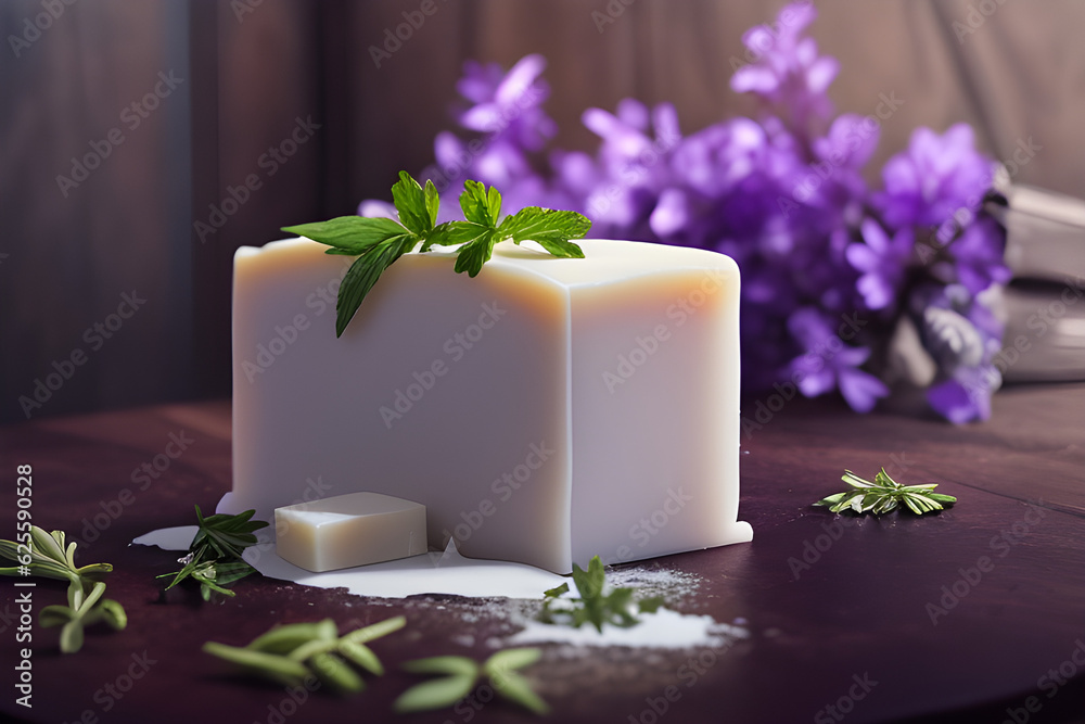 a white soap with a herb on. Generative AI