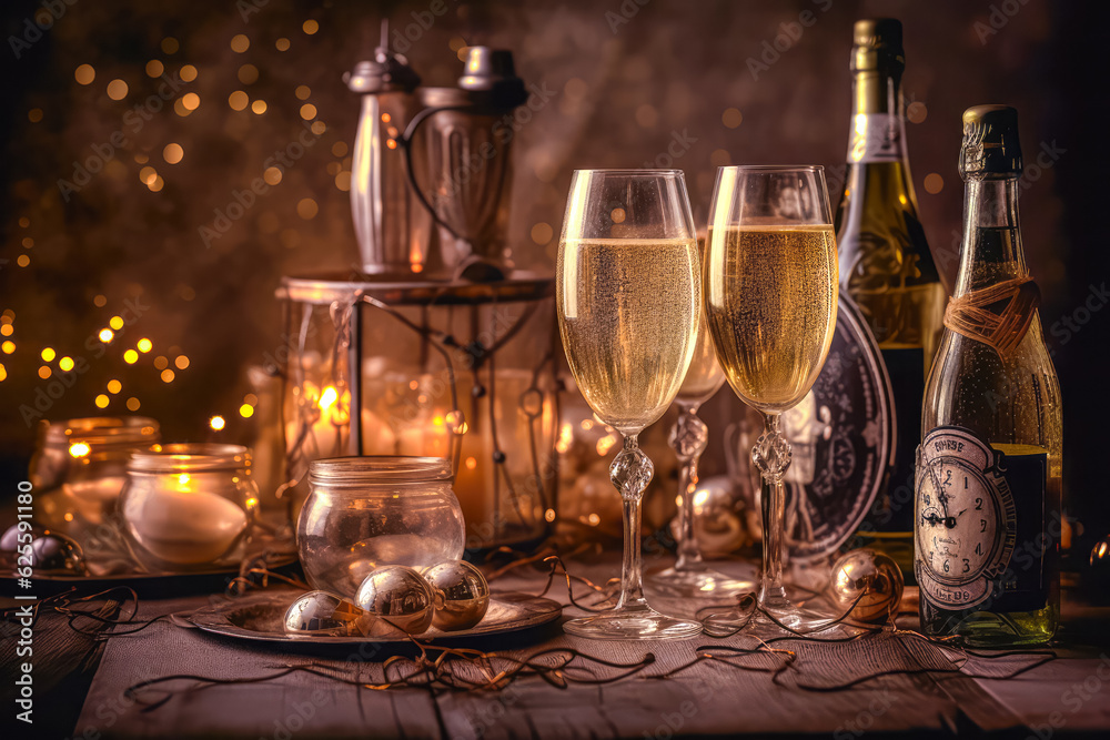 glasses with champagne and clock on the table with Christmas decorations. new year eve, generative AI. glasses with champagne and clock on the table with Christmas decorations. new year eve, generative AI.