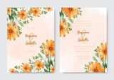 Corner of yellow aster flower arrangement on wedding invitation background. Beautiful wedding card invitation.