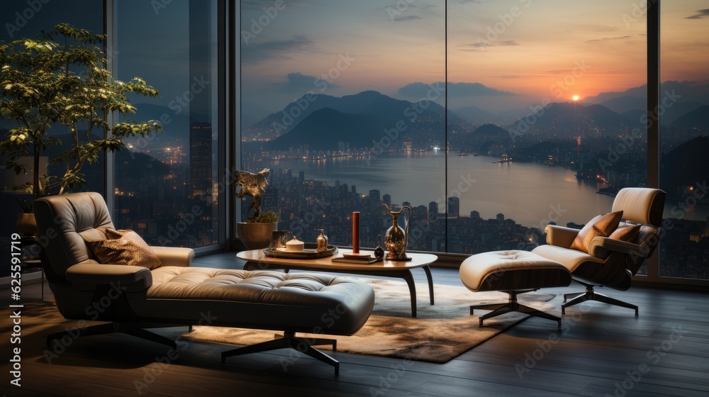 Fototapeta premium Luxury penthouse with floor to ceiling windows, with white marble floors and painted wall. Generative AI