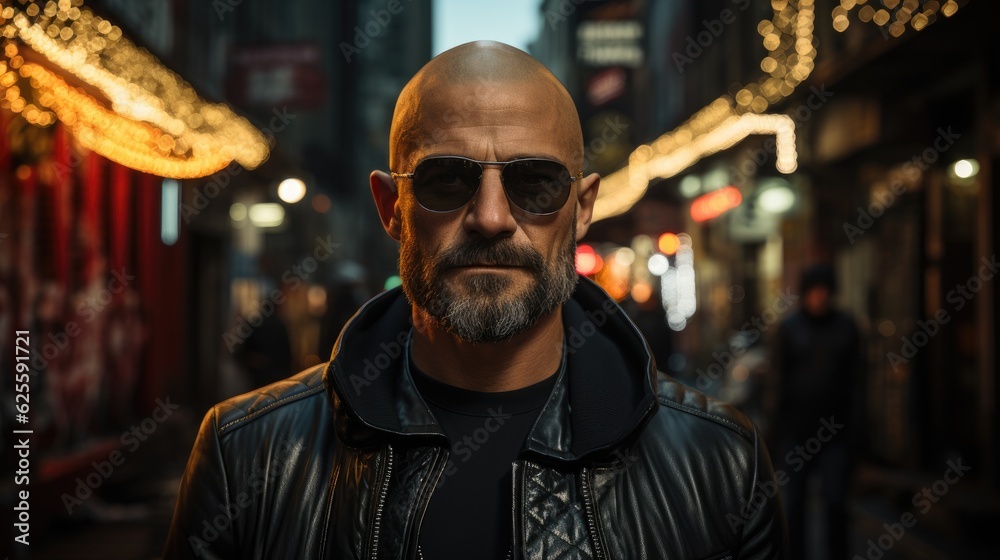 Fototapeta premium A man in his 30s with a shaved head and a goatee. He is wearing a black leather jacket.