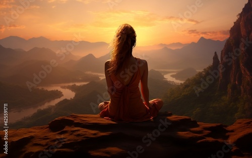 Serene Woman Meditating at the mountain. AI