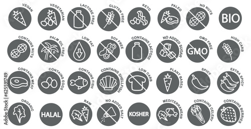 Fotografia Dietary restrictions icon set with elements such as vegan, vegetarian, keto, gluten free, dairy free, sugar free etc, round dark vector icons
