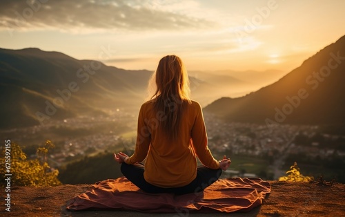 Serene Woman Meditating at the mountain. AI ©  Creative_studio