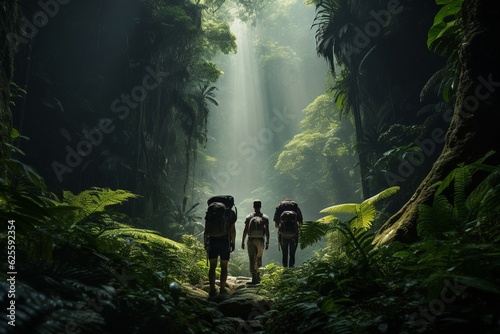 Photograph of people hiking in tropical forests, Generative AI