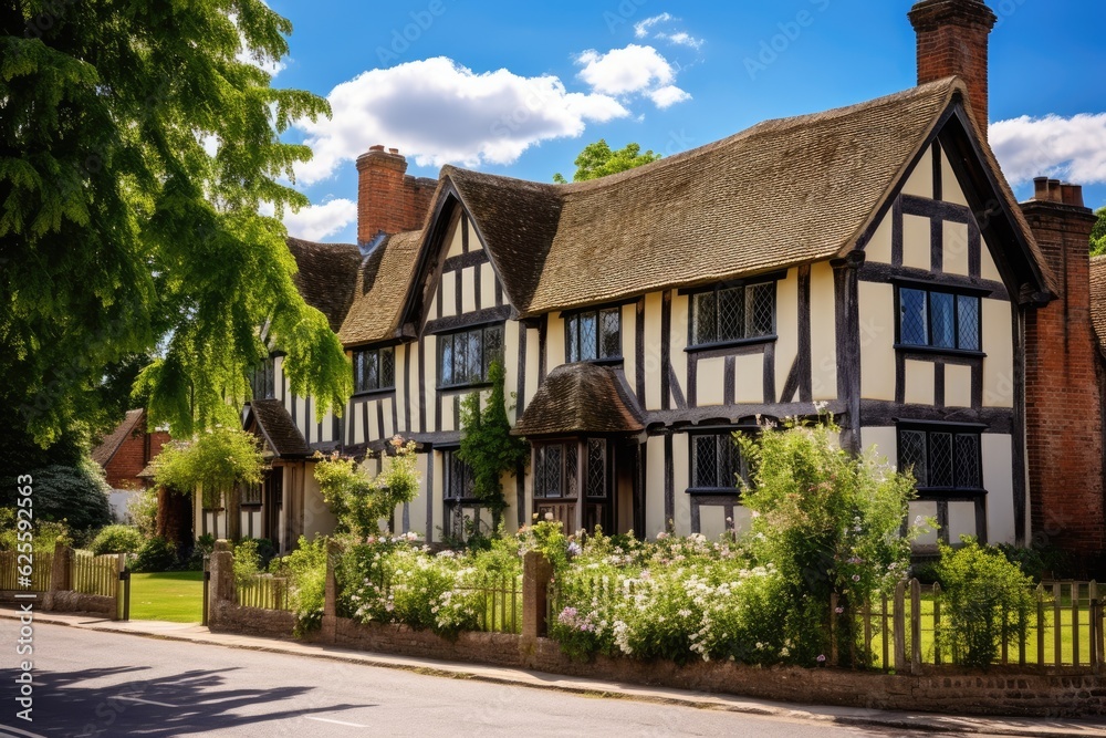 William Shakespeares place of birth, located on Henley Street in Stratford upon Avon, looks enchanting on a warm summer day in England, United Kingdom.