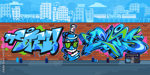 Colorful Outdoor Urban Streetart Graffiti Wall With Drawings Against The Background Of The Cityscape Vector Illustration