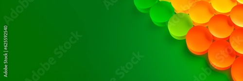 Orange and green color tablet pills isolated on green background. Banner with a place for text. Copy space. Healthcare and medicine concept