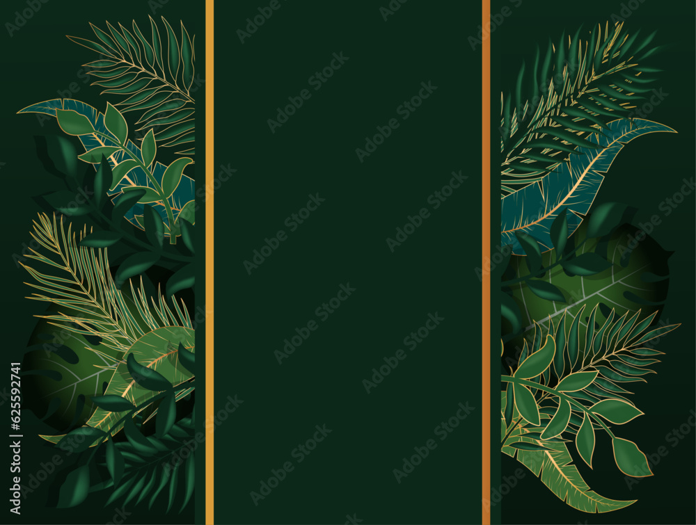 Banner vector with green tropical leaves and a frame in the center ...