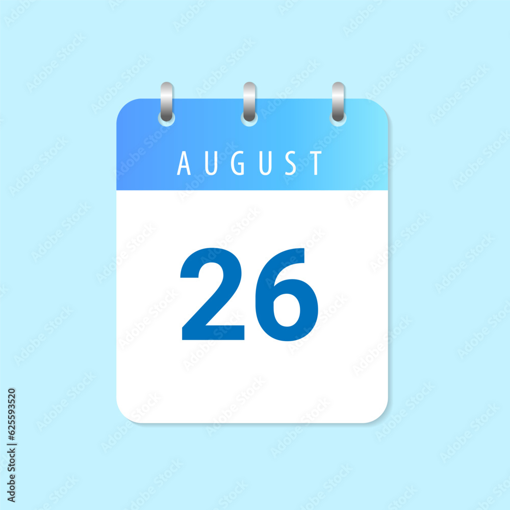 Daily calendar 26th of August month on white paper note Daily calendar 26th of August month on white paper note