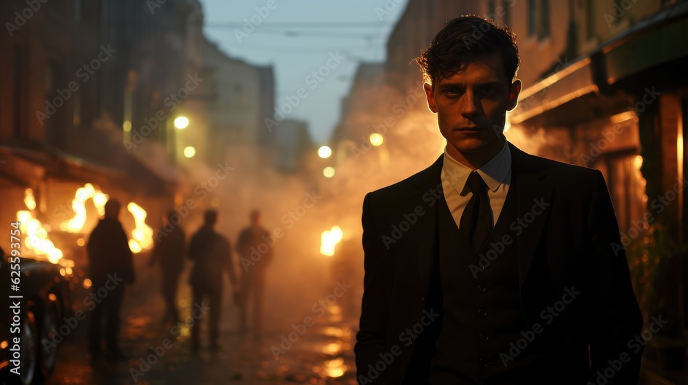 An Italian undercover agent wearing a black tuxedo and trench coat enters a dark and dangerous-looking alley. An Italian undercover agent wearing a black tuxedo and trench coat enters a dark and dangerous-looking alley.