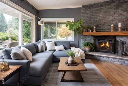 The living room of a craftsman cottage home from the mid century era is beautifully furnished  with a grey sectional sofa  end tables  an area rug  pillows  and a cozy fireplace.