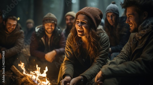 A group of friends having fun in front of the campfire