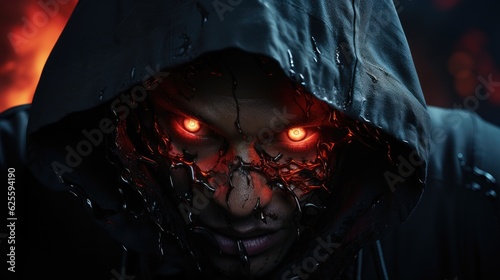 An angry, mysterious man in a black hoodie with red light in his eyes.