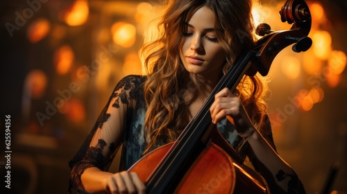 Beautiful woman in black dress playing cello.