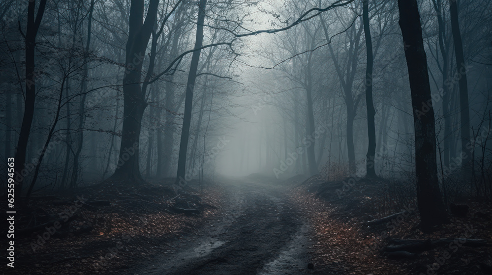 Obraz premium Fog In Spooky Forest At Moon Light On Asphalt.