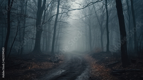 Fog In Spooky Forest At Moon Light On Asphalt.