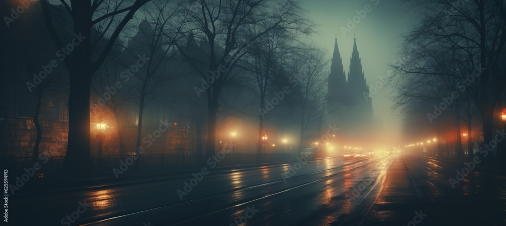 Old city street foggy night background. Motion blur effect. Generative AI technology.