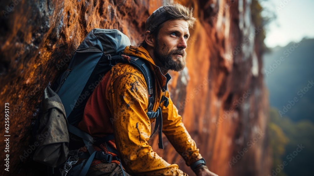 A mountaineer is resting on the edge of a cliff.