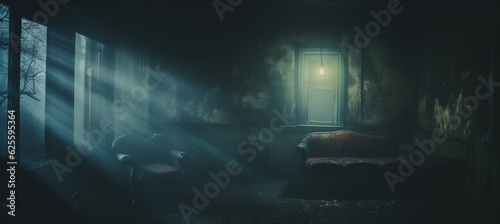 Abandoned vintage room on dark melancholic background. Generative AI technology.