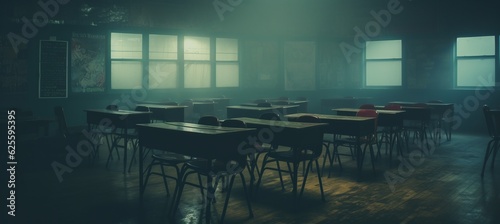 Empty haunted classroom melancholic background. Generative AI technology.
