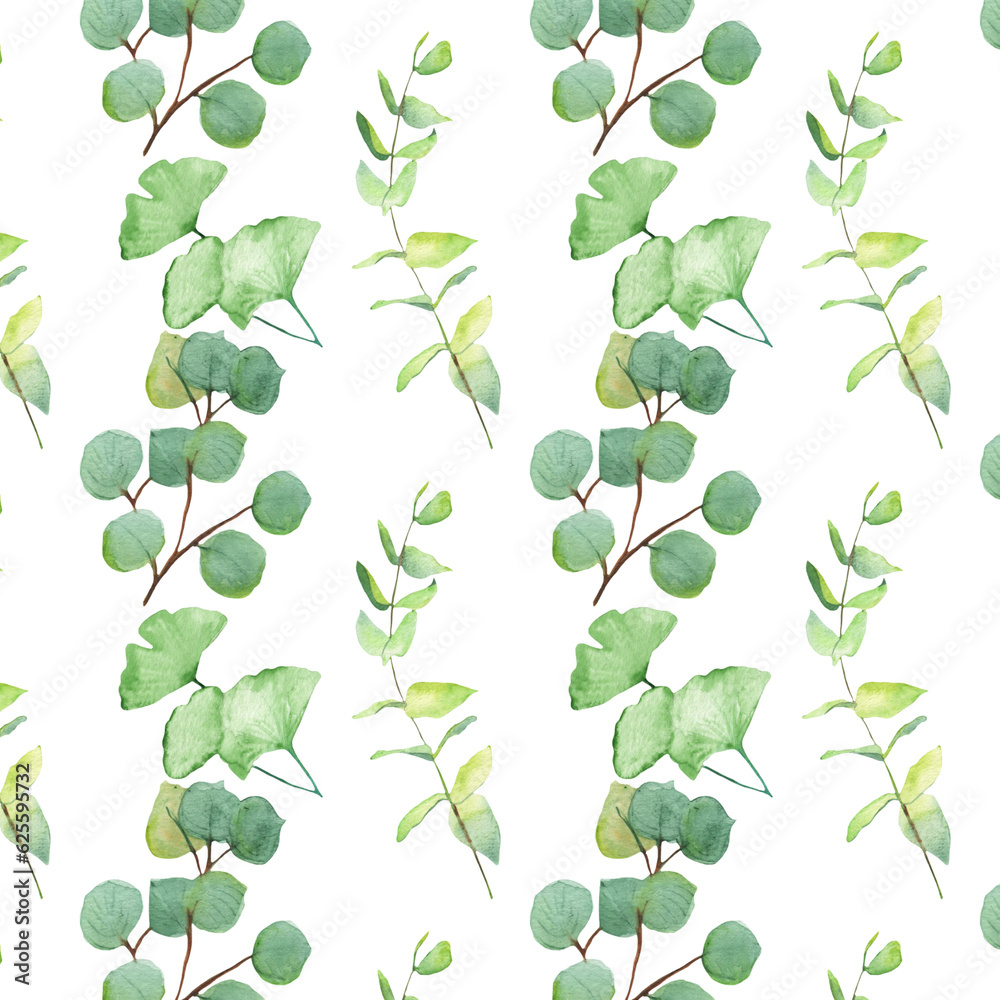 Seamless pattern green leaves trees and branches, foliage of natural branches, green leaves, herbs, tropical plants hand drawn watercolor on white background. Seamless pattern green leaves trees and branches, foliage of natural branches, green leaves, herbs, tropical plants hand drawn watercolor on white background.