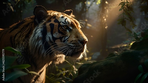 tiger with rich details, focused in profile in a jungle