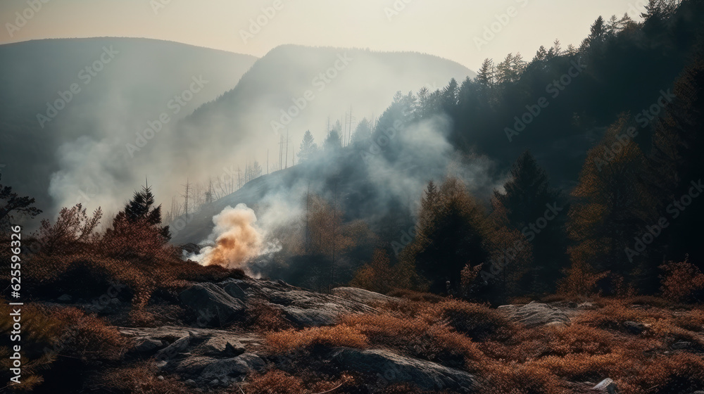 forest fire smoke on mountain. forest fire smoke on mountain.
