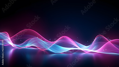 Neon light abstract background with pink and blue wavy lines. Glowing neon lighting. Futuristic style. Music and energy in abstract background with synthwave vibe. Pulse power lines. Generative AI.