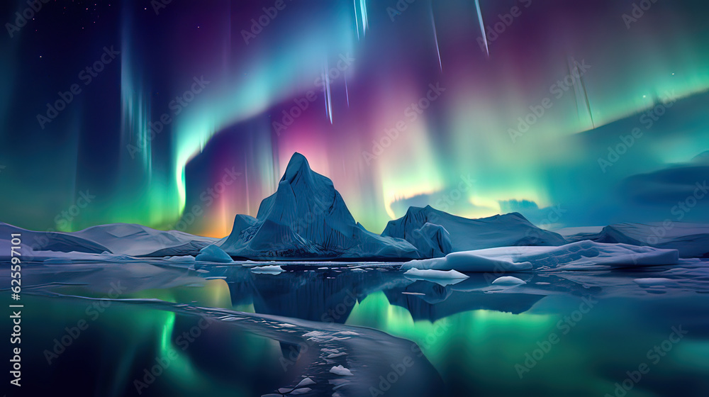 Ethereal Symphony - The Mesmerizing Dance of Icebergs and Northern Lights Reflected in Crystal Waters.