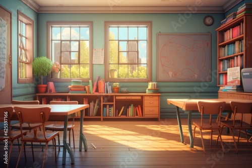 Cartoon classroom interior with view on the blackboard, school desks with chairs, bookcase, door, and window. © sirisakboakaew