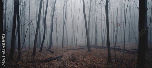 Forest melancholic foggy background. Generative AI technology. 