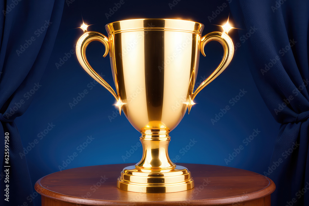 First Place Glory: Shining Golden Trophy with Gold Stars on Dark Blue Background, Embodying Success and Triumph First Place Glory: Shining Golden Trophy with Gold Stars on Dark Blue Background, Embodying Success and Triumph