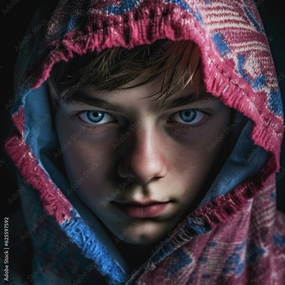 Teen boy wearing a pink and blue hoodie.