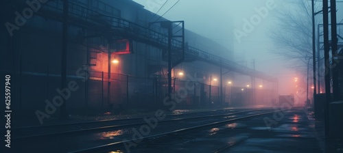 Factory industrial area building on melancholic foggy background. Generative AI technology.