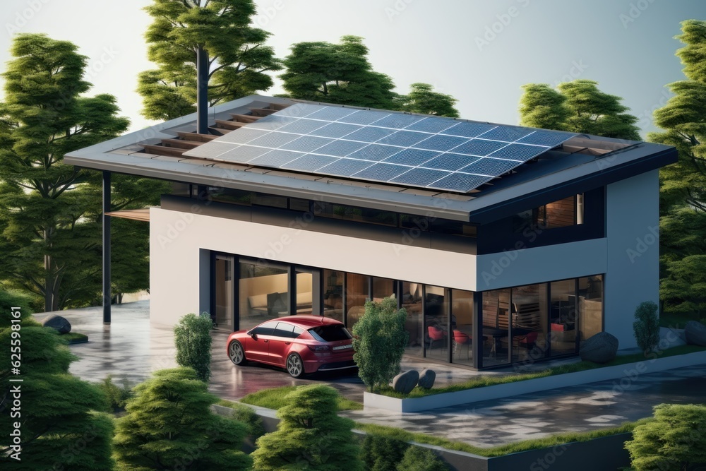 House with Solar Panels. Eco Friendly Community. Environmental and green urban society. Sustainable community . Renewable energy transition concept. Made With Generative AI. 