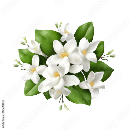 Jasmine flowers with leaves isolated on cutout PNG transparent background. Generative AI