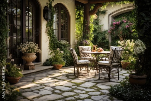 Gorgeous patio on the exterior of a house featuring a floor made of stone carpet, adorned with flourishing green flowers and plants, as well as a table accompanied by chairs. © 2rogan